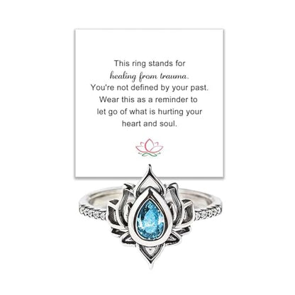 Lotus Ring for Women - Zircon Inlaid Flower Promise Ring - My Trauma Inspirational Statement Floral Jewelry Gift - color: blue