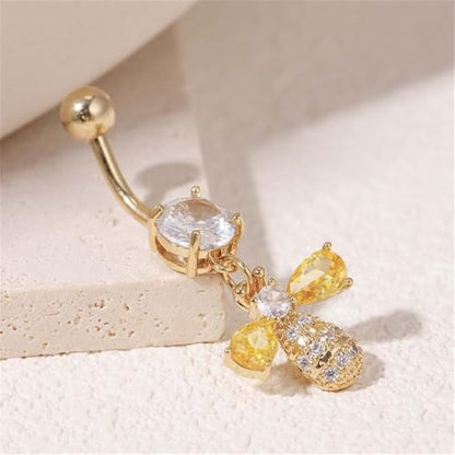 14G Bee Dangle Belly Button Ring, Cubic Zirconia Crystal Honeybee Navel Piercing Barbell Belly Body Jewelry for Women - color: Gold