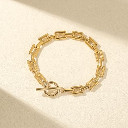 Chunky 14k Gold Cuban Bracelet 8 Inch Square Lock Toggle Clasp Women | Premium 14k gold plated chunky cuban link chain, square lock toggle clasp design, bold statement jewelry for daily women wear