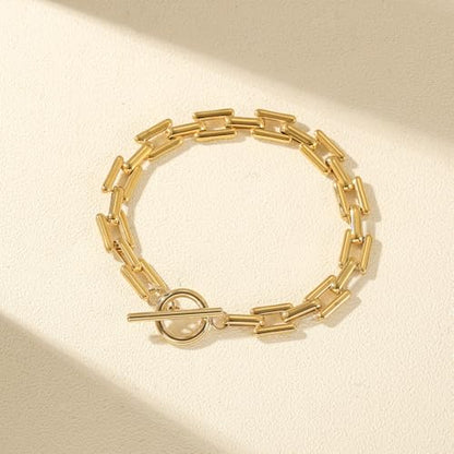 Chunky 14k Gold Cuban Bracelet 8 Inch Square Lock Toggle Clasp Women | Premium 14k gold plated chunky cuban link chain, square lock toggle clasp design, bold statement jewelry for daily women wear