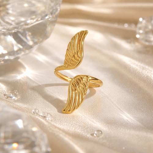 AeraVida Gold-Plated Stainless Steel Feather Angel Wings Adjustable Ring Size 7-9, Minimalist Open Band Ring, Polished Fashion Jewelry, Symbolic Everyday Ring for Women