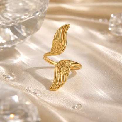 AeraVida Gold-Plated Stainless Steel Feather Angel Wings Adjustable Ring Size 7-9, Minimalist Open Band Ring, Polished Fashion Jewelry, Symbolic Everyday Ring for Women