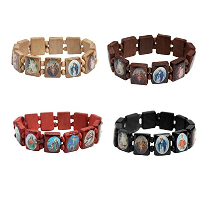 DATOA 4Pcs Wooden Jesus Virgin Mary Bracelet Saints Rosary Stretch Wooden Small Panel Bracelet Religious Saints Jesus Gift - style: Style A