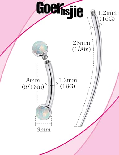 F136 Titanium 16g 6/8/10mm Opal Eyebrow/Rook/Snug/Vertical-Labret/VCH/Snake-Eyes/Anti-Tragus/Christina/Daith/Belly-Button/Bridge/Hood/Surface Curved Barbell Piercing Jewelry for Women Men - color: White, size: 8mm=5/16in