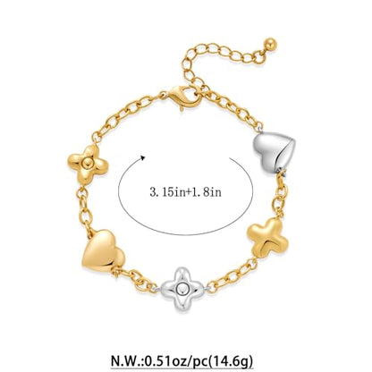 Two Tone Heart Charm Bracelet for Women, Adjustable Cute Bracelets with Heart/Clover Charms, Trendy Love Bracelet for Daily Wear Mixed Metal Jewelry Valentines Day Gift - style: Heart＆Clover
