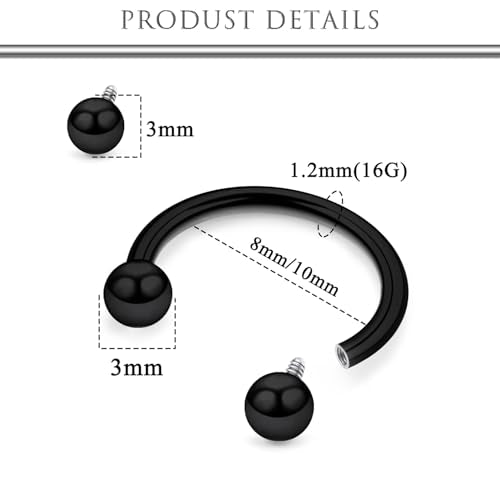 Hoeudjo Internally Threaded Septum Rings 16G Surgical Steel Horseshoe Septum Jewelry Lip Ring 8mm 10mm with Replacement Balls Ball Grabber Tool Smiley Piercing Jewelry for Women Men - color: black