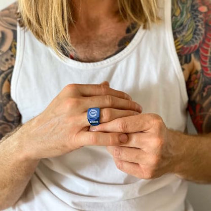Custom Signet Ring for Men Personalized Initial Ring Custom Mens Rings Engraved Ring Customized Memorial Graduation Gifts for Father Husband Boyfriend Friends - color: Square Blue