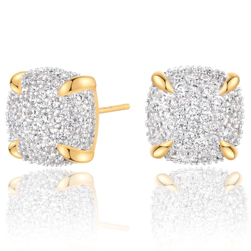 MEVECCO Pave Cubic Zirconia Stud Earrings for Women, 18K Gold Plated Brass | Pave CZ Fronts, Curved Gold Plated Edge Accents, Soft Motifs and Clean Geometric Styles - style: square