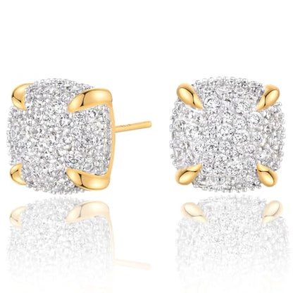 MEVECCO Pave Cubic Zirconia Stud Earrings for Women, 18K Gold Plated Brass | Pave CZ Fronts, Curved Gold Plated Edge Accents, Soft Motifs and Clean Geometric Styles - style: square