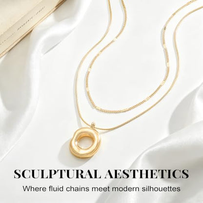 14K Gold/Silver Plated Dainty Snake Chain Layered Necklace for Women | Irregular Oval Pendant Minimalist Dainty Statement Gold Layering Everyday Jewelry - color: Gold - Satin