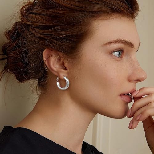 sovesi Chunky Hoop Earrings for Women, 14K Gold Plated Thick Hoops | 5mm Thick Hollow Tube Chunky Lightweight Hypoallergenic Hoop Earrings for Women - style: Silver 22MM