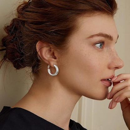 sovesi Chunky Hoop Earrings for Women, 14K Gold Plated Thick Hoops | 5mm Thick Hollow Tube Chunky Lightweight Hypoallergenic Hoop Earrings for Women - style: Silver 22MM