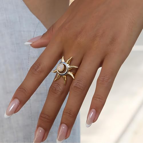 Sun and Moon Adjustable Ring for Women Stainless Steel Open Band Statement Ring Gold and Silver Celestial Jewelry Gift