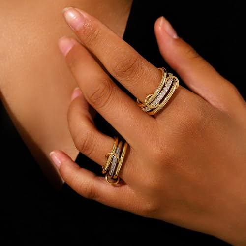 14K Gold Plated Interlocked Stackable Rings for Women Non Tarnish,Gold and Silver Cubic Zirconia Statement Rings Set,Mixed Metals Ring Two-Toned Connected Bands Stacking Jewelry - color: 3pcs rings-gold