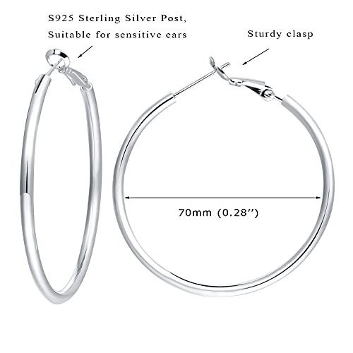 3 Pairs Sterling Silver Large Hoop Earrings Set for Women 40 50 60MM | 14K White Gold Plated, Hypoallergenic - style: L-Silver 1 Pair 70mm