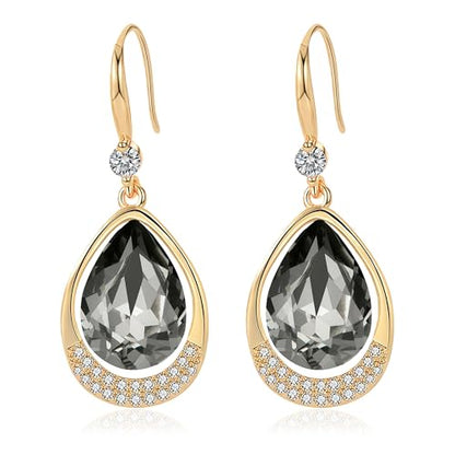 Austrian Crystal Halo Teardrop Hollow Drop Dangle Earrings for Women 14K Rose Gold Plated Hypoallergenic Jewelry Gifts - color: Grey-Black