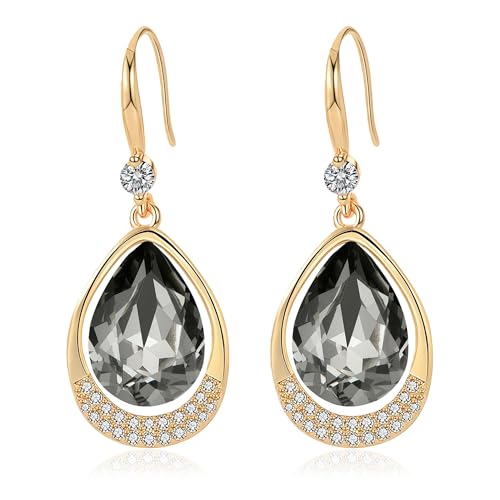 Austrian Crystal Halo Teardrop Hollow Drop Dangle Earrings for Women 14K Rose Gold Plated Hypoallergenic Jewelry Gifts - color: Grey-Black
