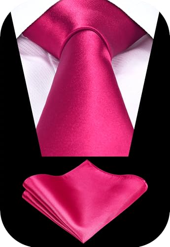 TIE G Solid Satin Woven dyed Color Formal Black Necktie and Pocket Square Sets in Gift Box - color: Fuchsia Pink