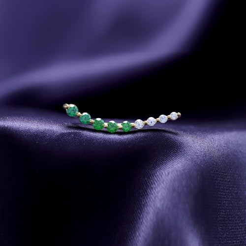 Floating Curved Bar One Piece Left Ear Crawler Earrings With Birthstone | White CZ In 14K Yellow Gold Over Sterling Silver - color: Simulated Emerald