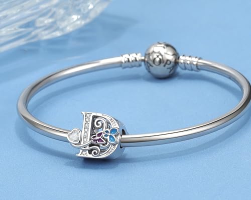 S925 Silver Butterfly Initial Letter Charms Fit for Pandora Charms Bracelets and Necklace Alphabet Bead Charms Jewelry Gifts for Women - color: D