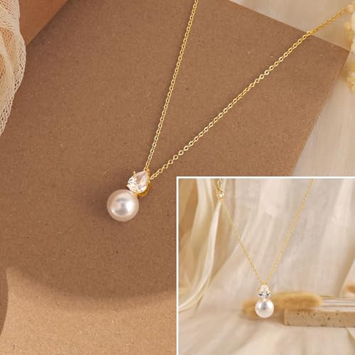 Pearl Necklaces for Women,Dainty Gold Pendant Necklaces Waterproof Jewelry | 14K Gold Plated Pearl Necklaces,Dainty Elegant Wedding Necklace,Small Cute Adjustable Minimalist Necklace,Non Tarnish Jewelry - color: GOLD-13