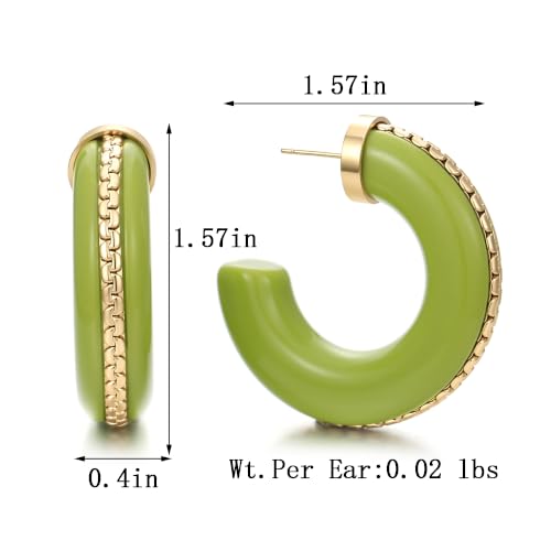 Gold Plated Resin Chunky Hoop Earrings Hypoallergenic Push Back Hoops for Sensitive Ears - color: lime green