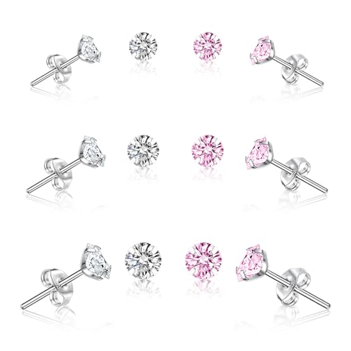 6 Pairs 925 Sterling Silver Stud Earrings Pack for Women White and Pink Cubic Zirconia Diamond Tragus Cartilage Earring Hypoallergenic Jewelry