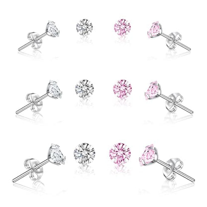 6 Pairs 925 Sterling Silver Stud Earrings Pack for Women White and Pink Cubic Zirconia Diamond Tragus Cartilage Earring Hypoallergenic Jewelry