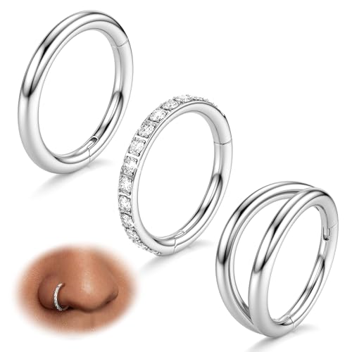 BodyBonita 3pcs Nose Rings Hoops - Double Hoop Nose Ring 14/16/18/20G Hinged CZ Piercing Jewelry Septum Clicker Rings Cartilage Earring Helix Rook Tragus Daith 7mm/8mm/9mm/10mm - color: Silver, size: 14 gauge(1.6mm)-10mm
