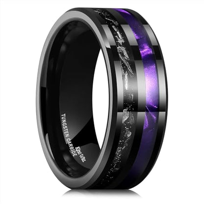 King Will Tungsten Rings for Men with Galaxy Shell Sand Meteorite Inlay | Black, 8mm, Brushed, Pipe Cut, Shell inlay, Everyday Wear - color: Black Purple