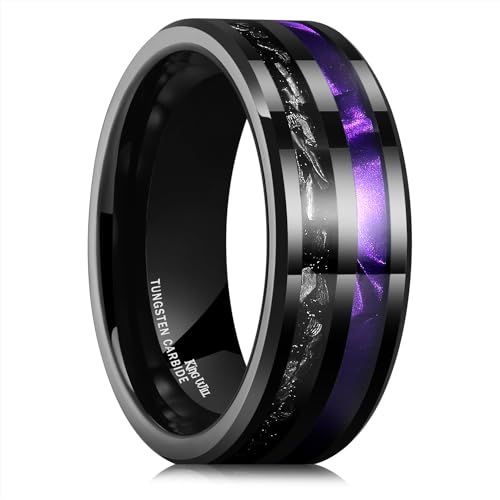 King Will Tungsten Rings for Men with Galaxy Shell Sand Meteorite Inlay | Black, 8mm, Brushed, Pipe Cut, Shell inlay, Everyday Wear - color: Black Purple