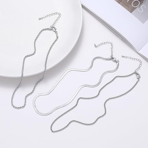wgoud Gold Necklace for Women Waterproof,14K Real Gold Plated Herringbone Choker Necklace for Women Trendy, Dainty Gold Chain Necklaces Stack,Simple Layered Gold Necklaces for Women Jewelry Gifts - color: 3Pcs Silver Necklace