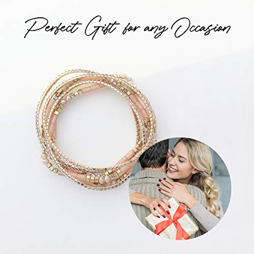NTLX Multi Strand Beaded Stackable Stretch Bracelets for Women – Bohemian Boho Style Bracelets – Multi Color Layered Statement Bangles - style: Light Peach