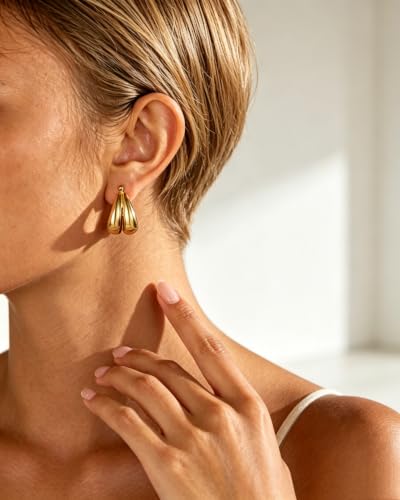 14K Gold Plated Chunky Hoop Earrings for Women, Thick Teardrop Huggie Hoops, Hypoallergenic Stainless Steel Statement Earrings