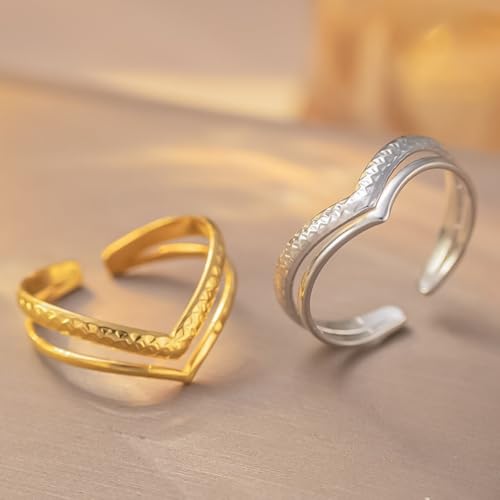 Gold & Silver V Shaped Adjustable Ring, Simple Non Tarnish Stainless Steel Womens Rings, Dainty Open Band,Anillos.