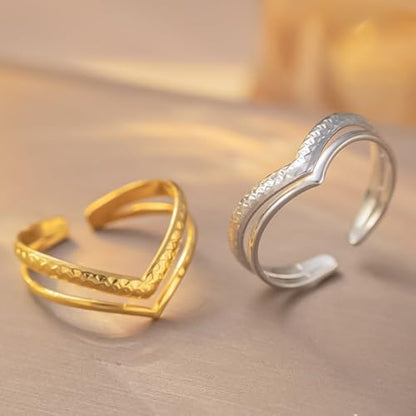 Gold & Silver V Shaped Adjustable Ring, Simple Non Tarnish Stainless Steel Womens Rings, Dainty Open Band,Anillos.