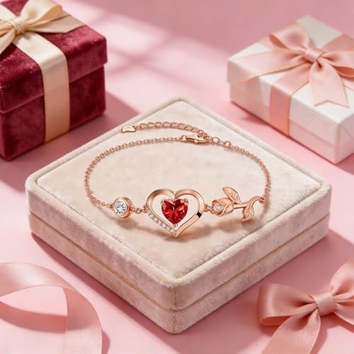 1CT Rose Heart Birthstone Bracelet for Women Love Gift - style: 01/07-Jan/July Ruby Rose Gold