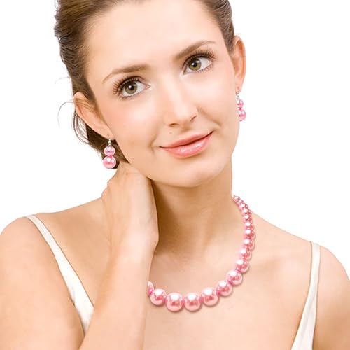 Cryshimmer Pearl Choker Necklace for Women Faux Pearl Beads Strand Necklace Earring Set Costume Jewelry,Gift for Wife Mother - color: Barbie Pink Pearl