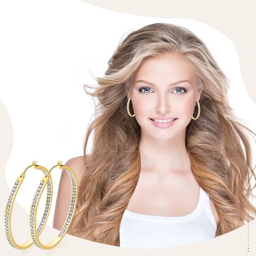 2 Inch Earrings for Women, Large Hoop Earrings for Women Rhinestone Crystal Stainless Steel Earrings - color: Gold
