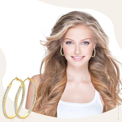 2 Inch Earrings for Women, Large Hoop Earrings for Women Rhinestone Crystal Stainless Steel Earrings - color: Gold