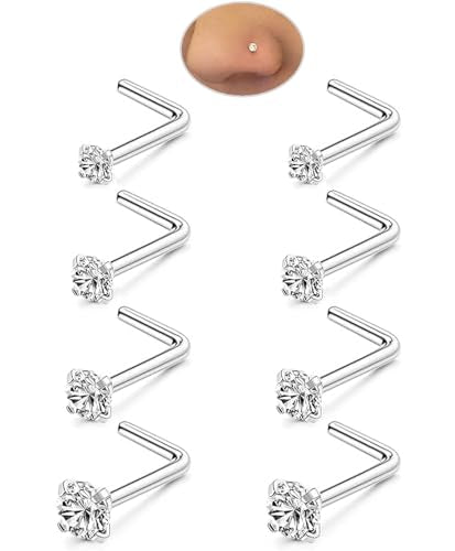 8PCS 18G 20G 22G Nose Studs, Hypoallergenic L Shaped Nose Rings Set | Gold/silver styles, 316L Surgical Stainless Steel, CZ sizes 1.5-3mm, secure fit for sensitive skin and daily wear - color: 18G L-Shaped Silver