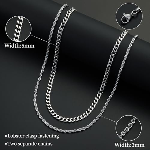 Layered Stainless Steel Chain Necklaces for Men Boys, 2Pcs Cuban Link/Rope/Herringbone Chains Jewelry Gifts, 16 "/18 ", 18 "/20 ", 20 "/22 ", 22 "/24 " - color: Silver, size: 20IN/22IN, style: Cuban/Rope Chain Set