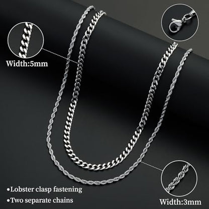 Layered Stainless Steel Chain Necklaces for Men Boys, 2Pcs Cuban Link/Rope/Herringbone Chains Jewelry Gifts, 16 "/18 ", 18 "/20 ", 20 "/22 ", 22 "/24 " - color: Silver, size: 20IN/22IN, style: Cuban/Rope Chain Set