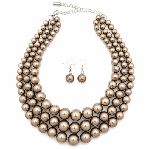 Simulated Pearl Necklace & Earring Set, Multi Strand - color: Mocha