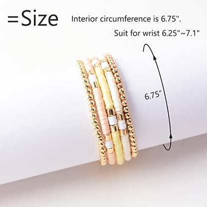 GOOJIDS Surfer Heishi Clay Bead Bracelets for Women Bohemian Stackable Gold Plated Beaded Stretch Bracelets Elastic Layering Friendship Bracelets Set Boho Jewelry - color: B-Beige Surfer Color & Gold Bead