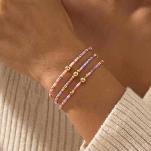 Small Seed Beaded Stack Bracelets Set for Women,Boho Handmade 3Pcs Colorful Glass Gold Stretch Accessories Jewelry, Summer Beach Wear Holiday Friendship Gift - color: Pink