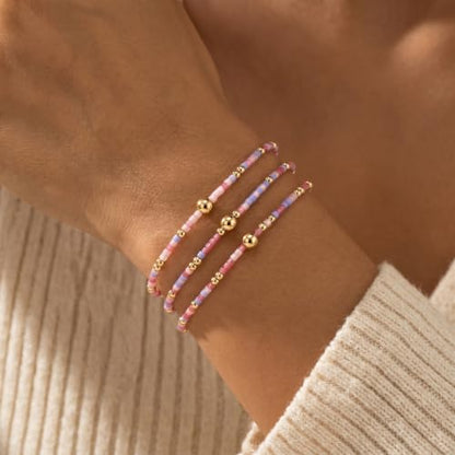 Small Seed Beaded Stack Bracelets Set for Women,Boho Handmade 3Pcs Colorful Glass Gold Stretch Accessories Jewelry, Summer Beach Wear Holiday Friendship Gift - color: Pink
