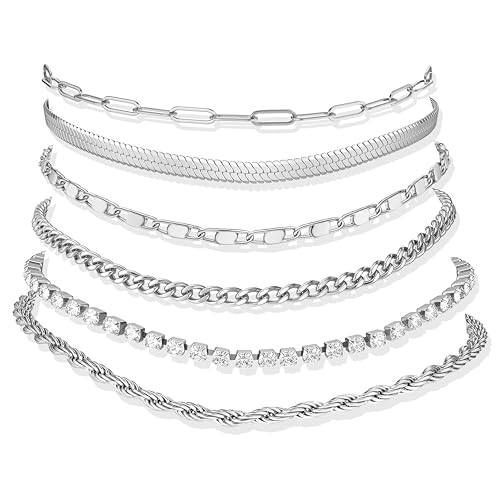Besteel Ankle Bracelets for Women Waterproof 14K Gold Plated Anklets Set | Non Tarnish Stainless Steel, Plus Size Adjustable 8-12 Inch, Hypoallergenic Layered Cuban Link Chain Summer Foot Jewelry Gift - style: 6 Pcs Steel Tennis-8.5+2.5 Inch