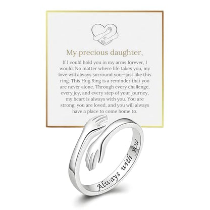 To My Daughter Hug Ring For Hope Rings, Inspirational Stainless Steel Engarved With Always With You Message Adjustable Ring for Women Non Tarnish Jewelry Gift for Her Birthday Christmas - color: alway with you