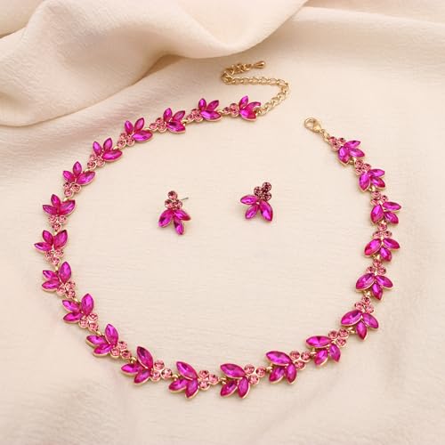 Bridal Wedding Crystal Leaf Choker Necklace Dangle Earring Bracelet Brides Bridesmaid Jewelry Set for Women - color: Fuchsia-Gold Plated